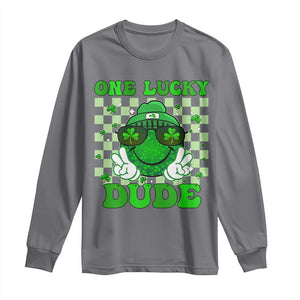 Funny One Lucky Dude St Patrick's Day Long Sleeve Shirt Checkerboard Shamrock TS11 Charcoal Print Your Wear