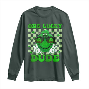 Funny One Lucky Dude St Patrick's Day Long Sleeve Shirt Checkerboard Shamrock TS11 Dark Forest Green Print Your Wear