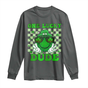 Funny One Lucky Dude St Patrick's Day Long Sleeve Shirt Checkerboard Shamrock TS11 Dark Heather Print Your Wear