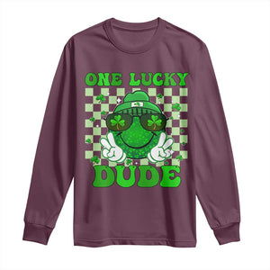 Funny One Lucky Dude St Patrick's Day Long Sleeve Shirt Checkerboard Shamrock TS11 Maroon Print Your Wear