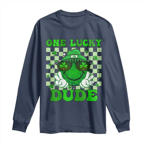 Funny One Lucky Dude St Patrick's Day Long Sleeve Shirt Checkerboard Shamrock TS11 Navy Print Your Wear