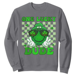 Funny One Lucky Dude St Patrick's Day Sweatshirt Checkerboard Shamrock TS11 Charcoal Print Your Wear