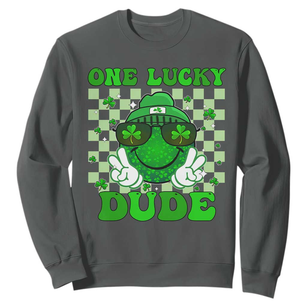 Funny One Lucky Dude St Patrick's Day Sweatshirt Checkerboard Shamrock TS11 Dark Heather Print Your Wear