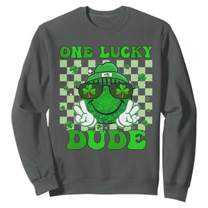 Funny One Lucky Dude St Patrick's Day Sweatshirt Checkerboard Shamrock TS11 Dark Heather Print Your Wear