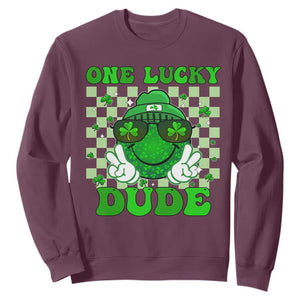 Funny One Lucky Dude St Patrick's Day Sweatshirt Checkerboard Shamrock TS11 Maroon Print Your Wear