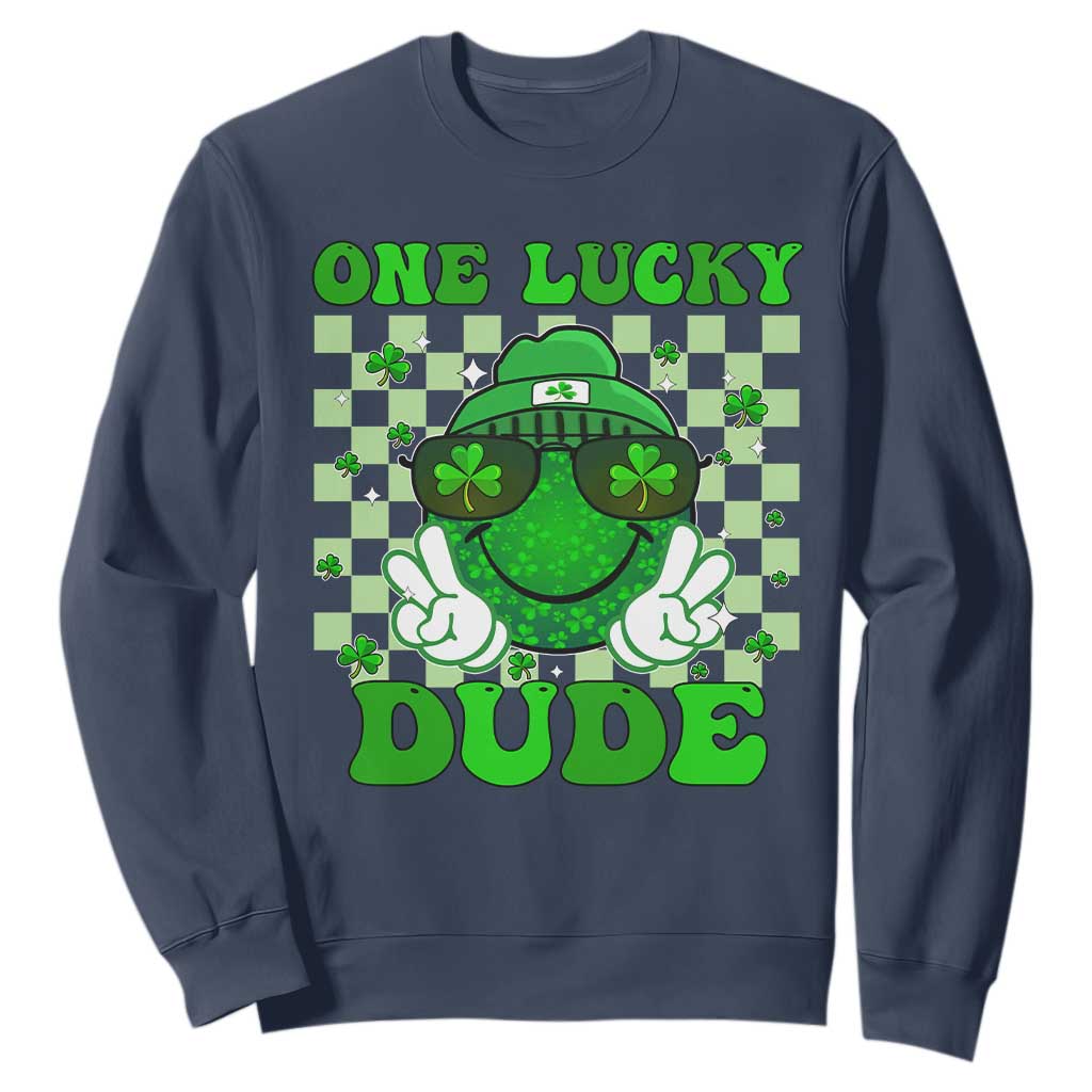 Funny One Lucky Dude St Patrick's Day Sweatshirt Checkerboard Shamrock TS11 Navy Print Your Wear