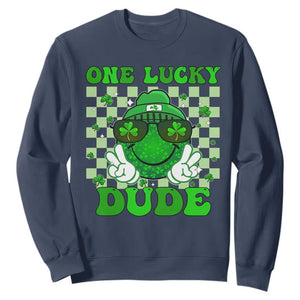Funny One Lucky Dude St Patrick's Day Sweatshirt Checkerboard Shamrock TS11 Navy Print Your Wear
