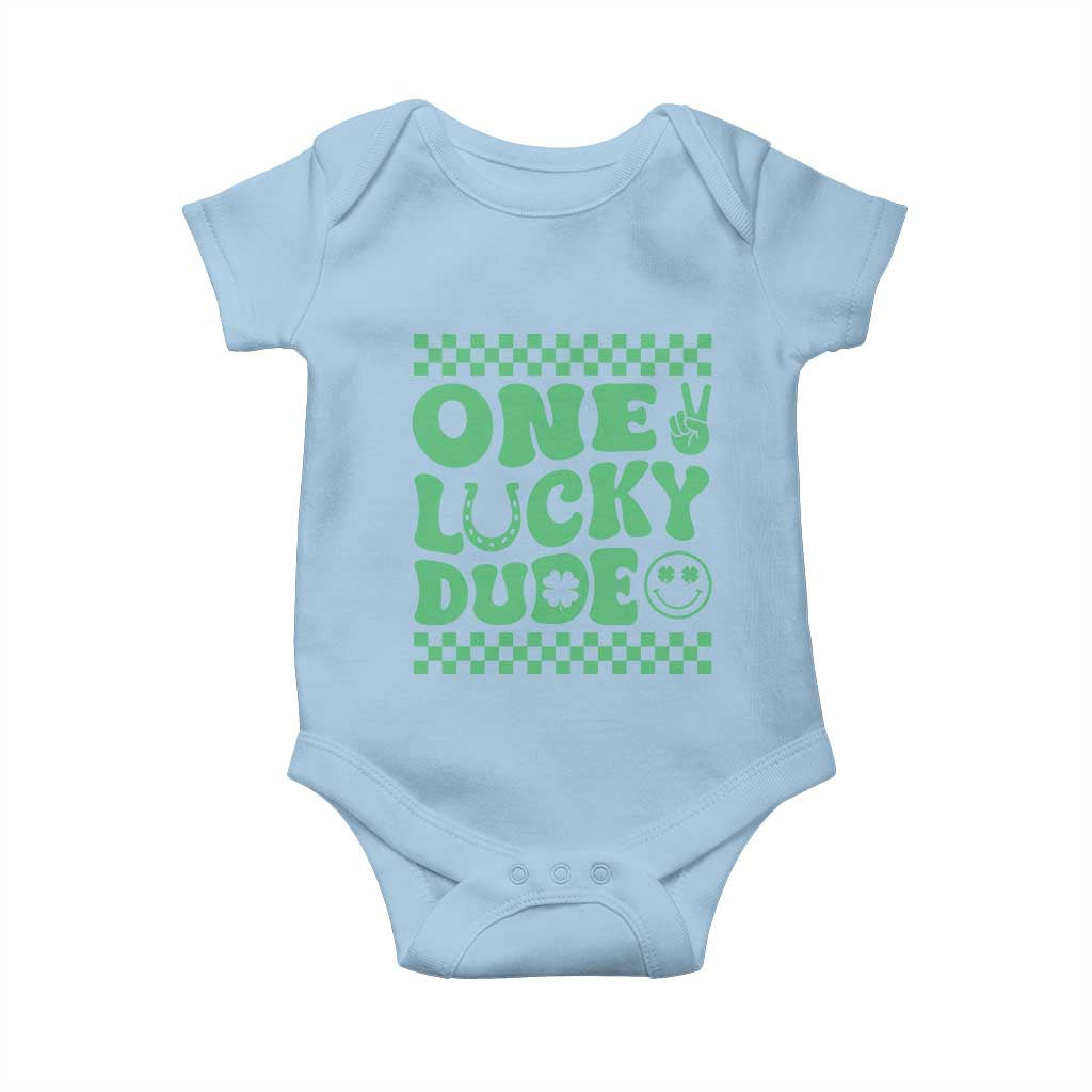 Funny One Lucky Dude Baby Onesie St Patrick's Day Clover Horseshoe TS11 Light Blue Print Your Wear