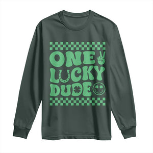 Funny One Lucky Dude Long Sleeve Shirt St Patrick's Day Clover Horseshoe TS11 Dark Forest Green Print Your Wear