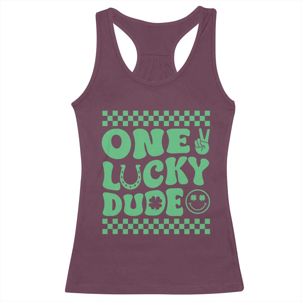 Funny One Lucky Dude Racerback Tank Top St Patrick's Day Clover Horseshoe TS11 Maroon Print Your Wear