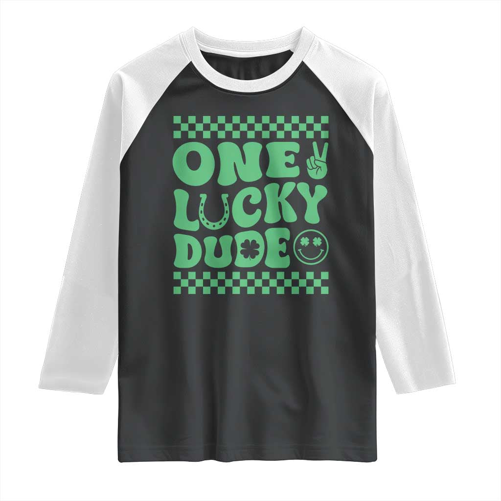 Funny One Lucky Dude Raglan Shirt St Patrick's Day Clover Horseshoe TS11 Black White Print Your Wear