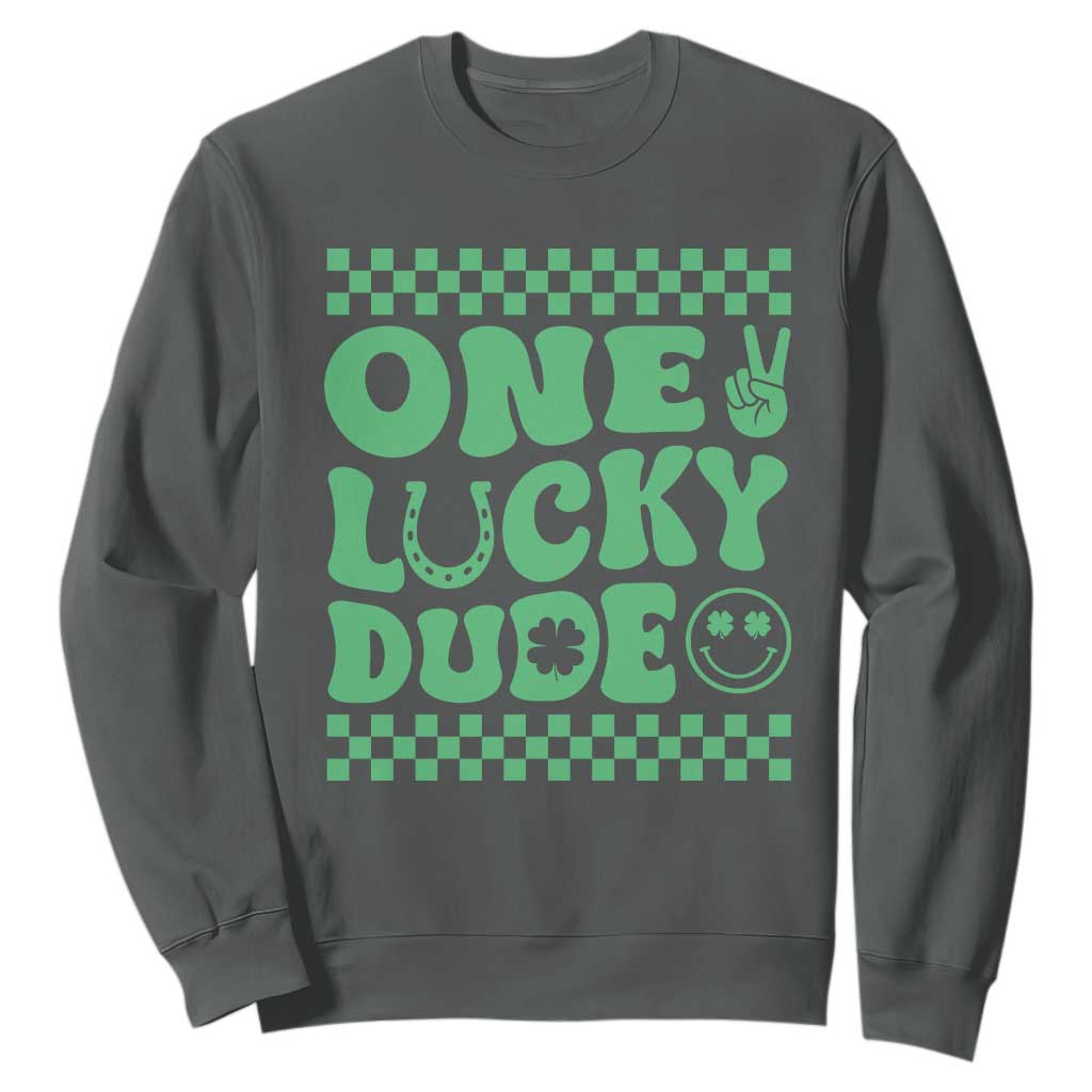 Funny One Lucky Dude Sweatshirt St Patrick's Day Clover Horseshoe TS11 Dark Heather Print Your Wear