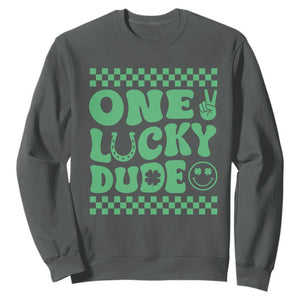 Funny One Lucky Dude Sweatshirt St Patrick's Day Clover Horseshoe TS11 Dark Heather Print Your Wear