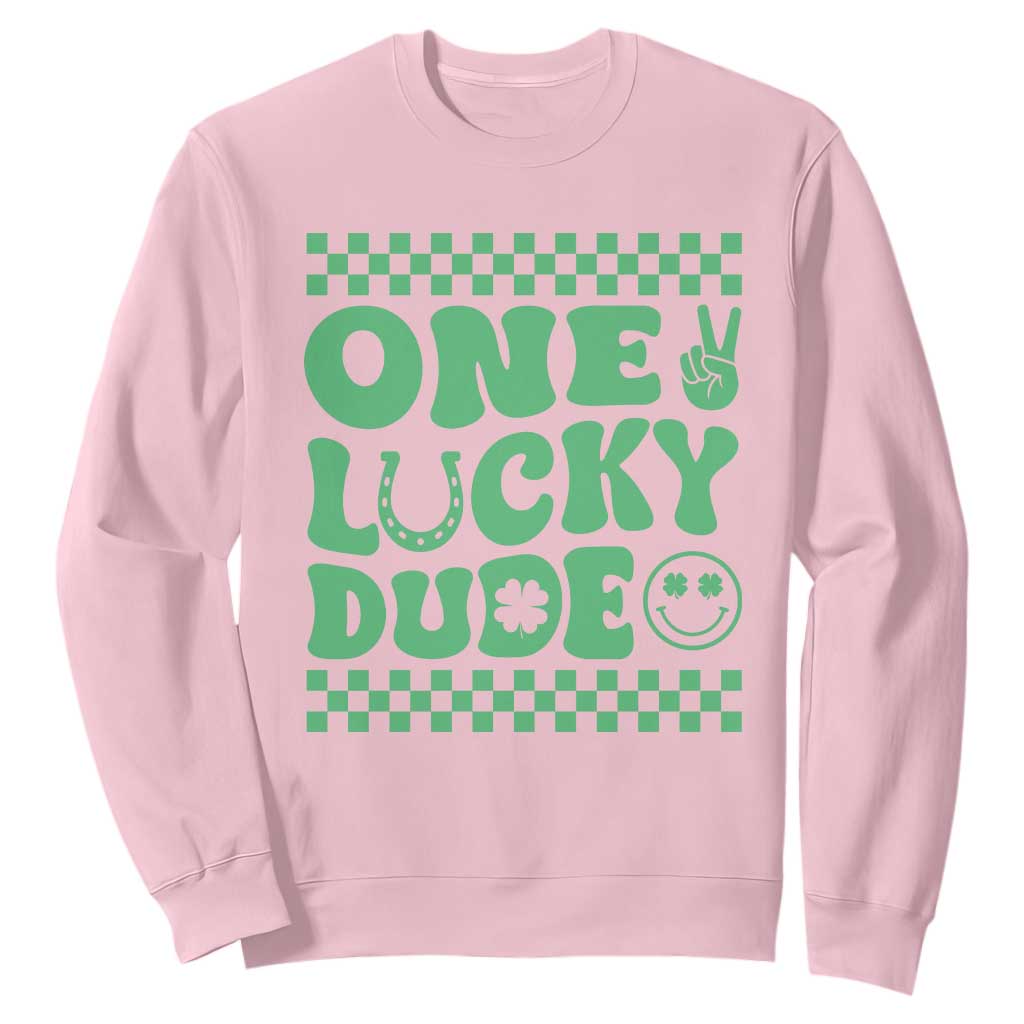 Funny One Lucky Dude Sweatshirt St Patrick's Day Clover Horseshoe TS11 Light Pink Print Your Wear
