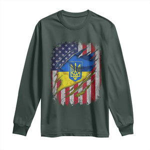 Ukrainian Americans Pride Long Sleeve Shirt Vintage Ukraine USA Flag TS11 Dark Forest Green Print Your Wear