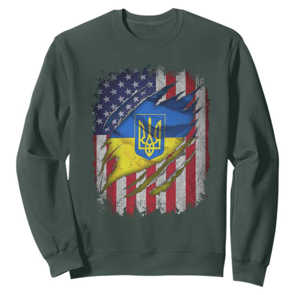 Ukrainian Americans Pride Sweatshirt Vintage Ukraine USA Flag TS11 Dark Forest Green Print Your Wear
