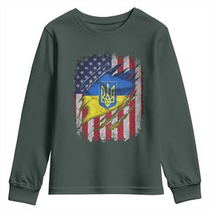 Ukrainian Americans Pride Youth Sweatshirt Vintage Ukraine USA Flag TS11 Dark Forest Green Print Your Wear