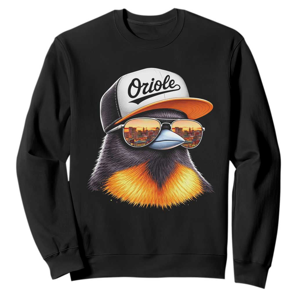 Funny Oriole Bird Wearing Baseball Cap Graphic Vintage Sport Sweatshirt TS11 Black Print Your Wear