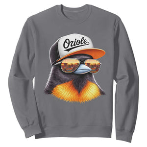 Funny Oriole Bird Wearing Baseball Cap Graphic Vintage Sport Sweatshirt TS11 Charcoal Print Your Wear