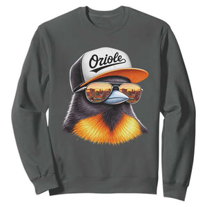 Funny Oriole Bird Wearing Baseball Cap Graphic Vintage Sport Sweatshirt TS11 Dark Heather Print Your Wear