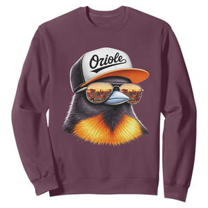 Funny Oriole Bird Wearing Baseball Cap Graphic Vintage Sport Sweatshirt TS11 Maroon Print Your Wear