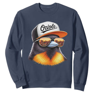 Funny Oriole Bird Wearing Baseball Cap Graphic Vintage Sport Sweatshirt TS11 Navy Print Your Wear