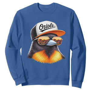 Funny Oriole Bird Wearing Baseball Cap Graphic Vintage Sport Sweatshirt TS11 Royal Blue Print Your Wear