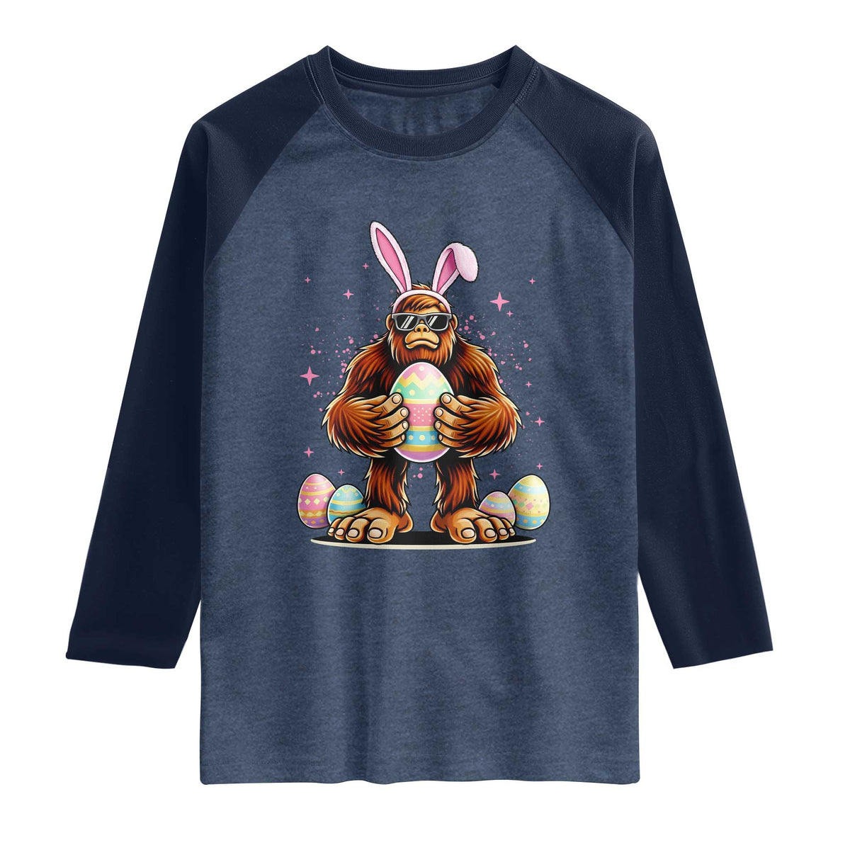 Funny Bigfoot Easter Day Bunny Sasquatch Egg Raglan Shirt TS11 Heather Denim Navy Print Your Wear