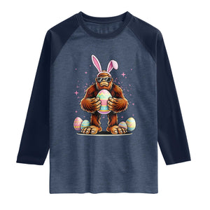 Funny Bigfoot Easter Day Bunny Sasquatch Egg Raglan Shirt TS11 Heather Denim Navy Print Your Wear