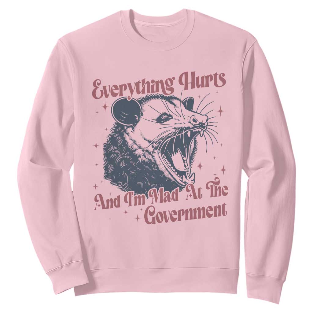 Everything Hurts And I Am Mad At The Government Sweatshirt Funny Burnout Possum TS11 Light Pink Print Your Wear
