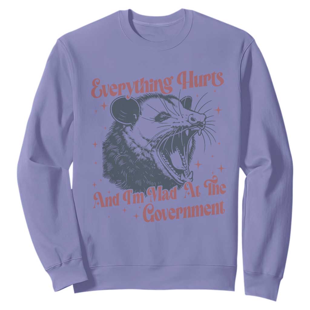 Everything Hurts And I Am Mad At The Government Sweatshirt Funny Burnout Possum TS11 Violet Print Your Wear