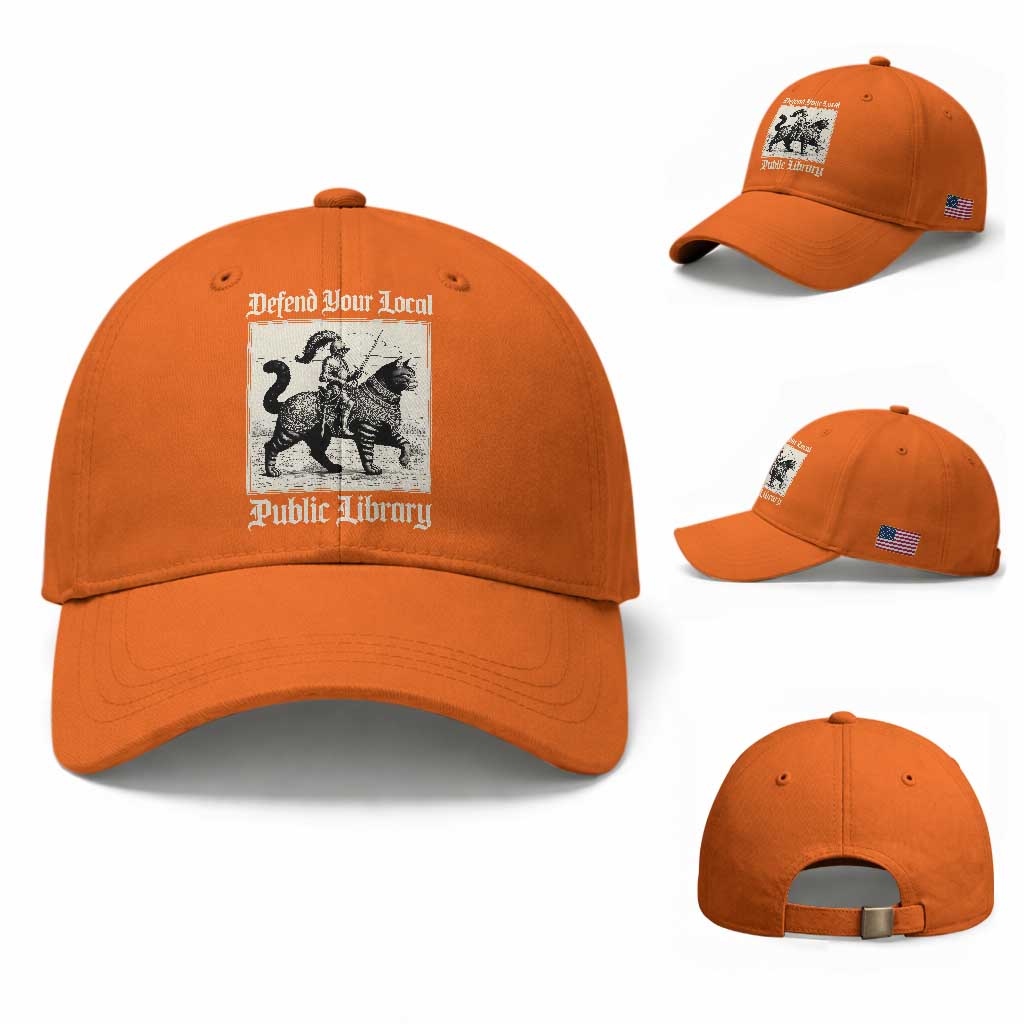 Defend Your Local Public Library Baseball Cap Knight Cat for Fantasy Book Lovers TS11 Baseball Cap Universal Fit Orange Print Your Wear