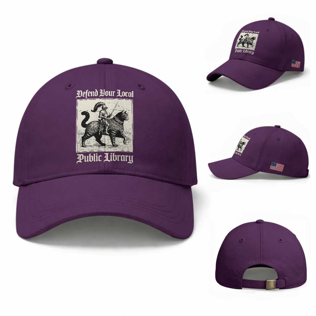Defend Your Local Public Library Baseball Cap Knight Cat for Fantasy Book Lovers TS11 Baseball Cap Universal Fit Purple Print Your Wear