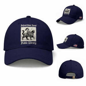 Defend Your Local Public Library Baseball Cap Knight Cat for Fantasy Book Lovers TS11 Baseball Cap Universal Fit Dark Blue Print Your Wear