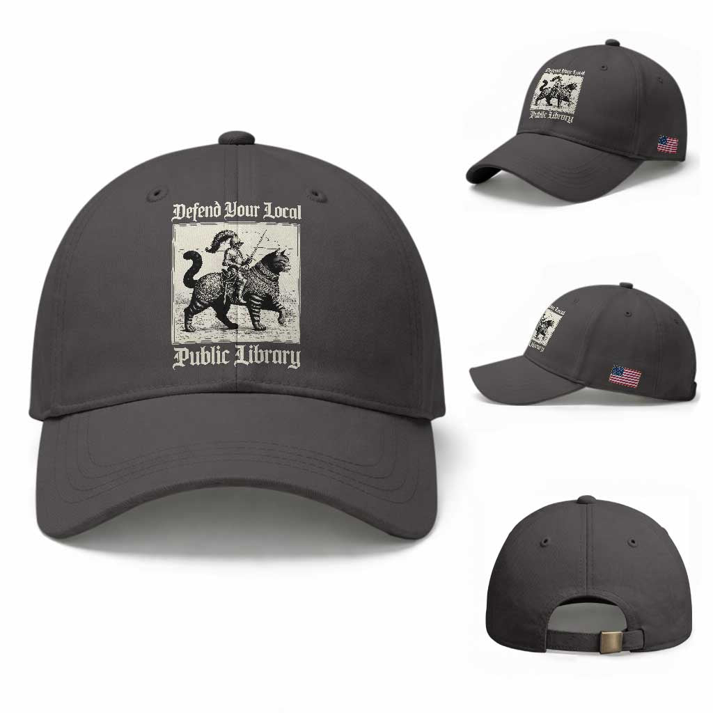 Defend Your Local Public Library Baseball Cap Knight Cat for Fantasy Book Lovers TS11 Baseball Cap Universal Fit Dark Gray Print Your Wear