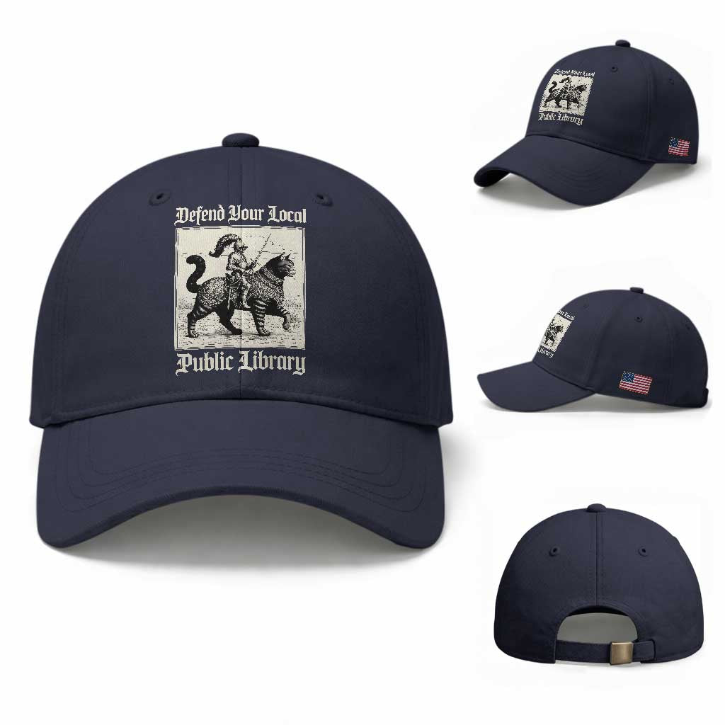 Defend Your Local Public Library Baseball Cap Knight Cat for Fantasy Book Lovers TS11 Baseball Cap Universal Fit Navy Print Your Wear