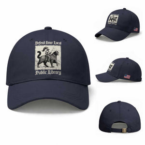 Defend Your Local Public Library Baseball Cap Knight Cat for Fantasy Book Lovers TS11 Baseball Cap Universal Fit Navy Print Your Wear