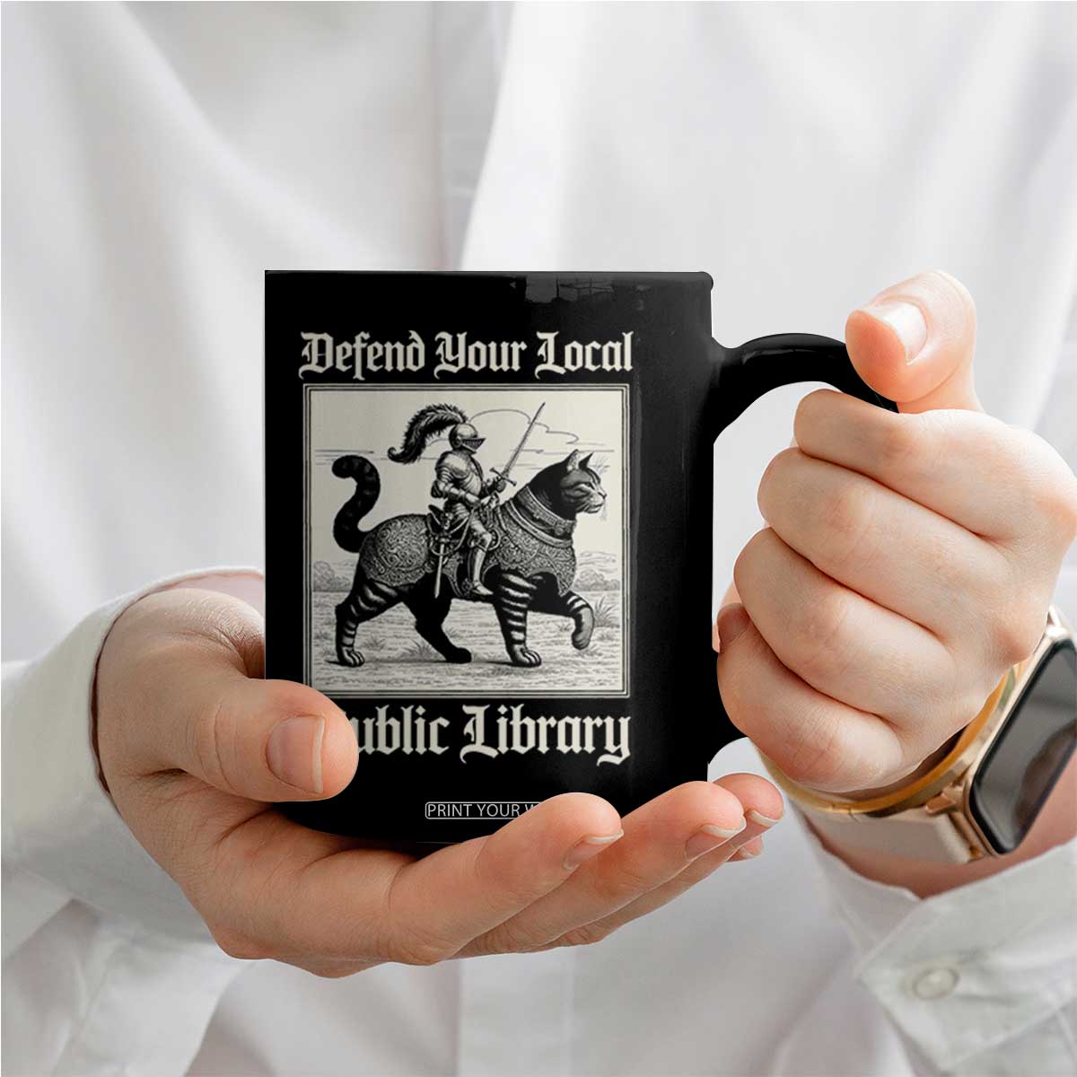 Defend Your Local Public Library Coffee Mug Knight Cat for Fantasy Book Lovers TS11 Print Your Wear