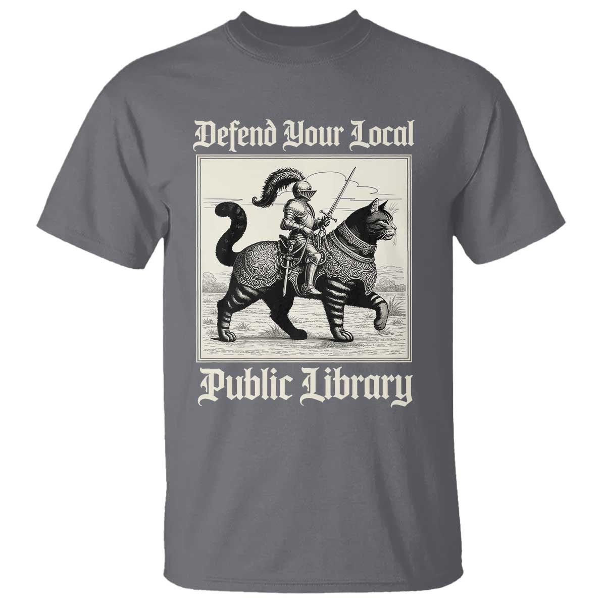 Defend Your Local Public Library T Shirt Knight Cat for Fantasy Book Lovers TS11 Charcoal Print Your Wear