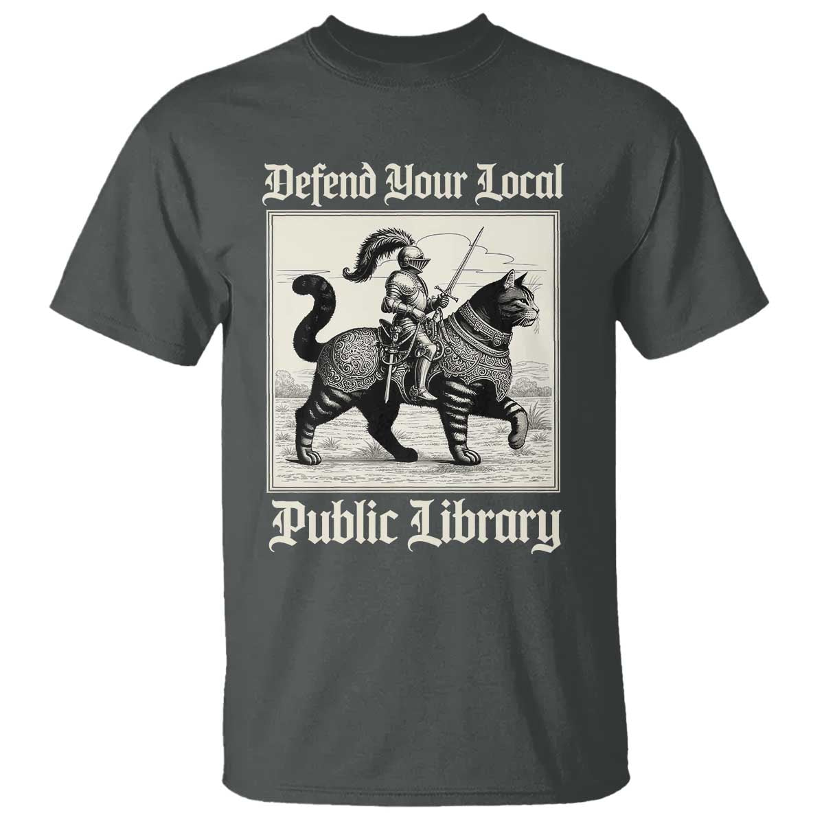 Defend Your Local Public Library T Shirt Knight Cat for Fantasy Book Lovers TS11 Dark Heather Print Your Wear