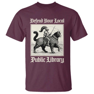 Defend Your Local Public Library T Shirt Knight Cat for Fantasy Book Lovers TS11 Maroon Print Your Wear