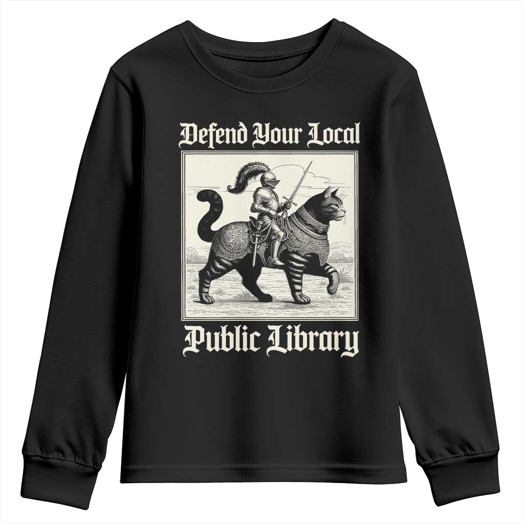 Defend Your Local Public Library Youth Sweatshirt Knight Cat for Fantasy Book Lovers TS11 Black Print Your Wear