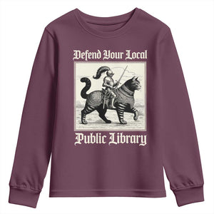 Defend Your Local Public Library Youth Sweatshirt Knight Cat for Fantasy Book Lovers TS11 Maroon Print Your Wear