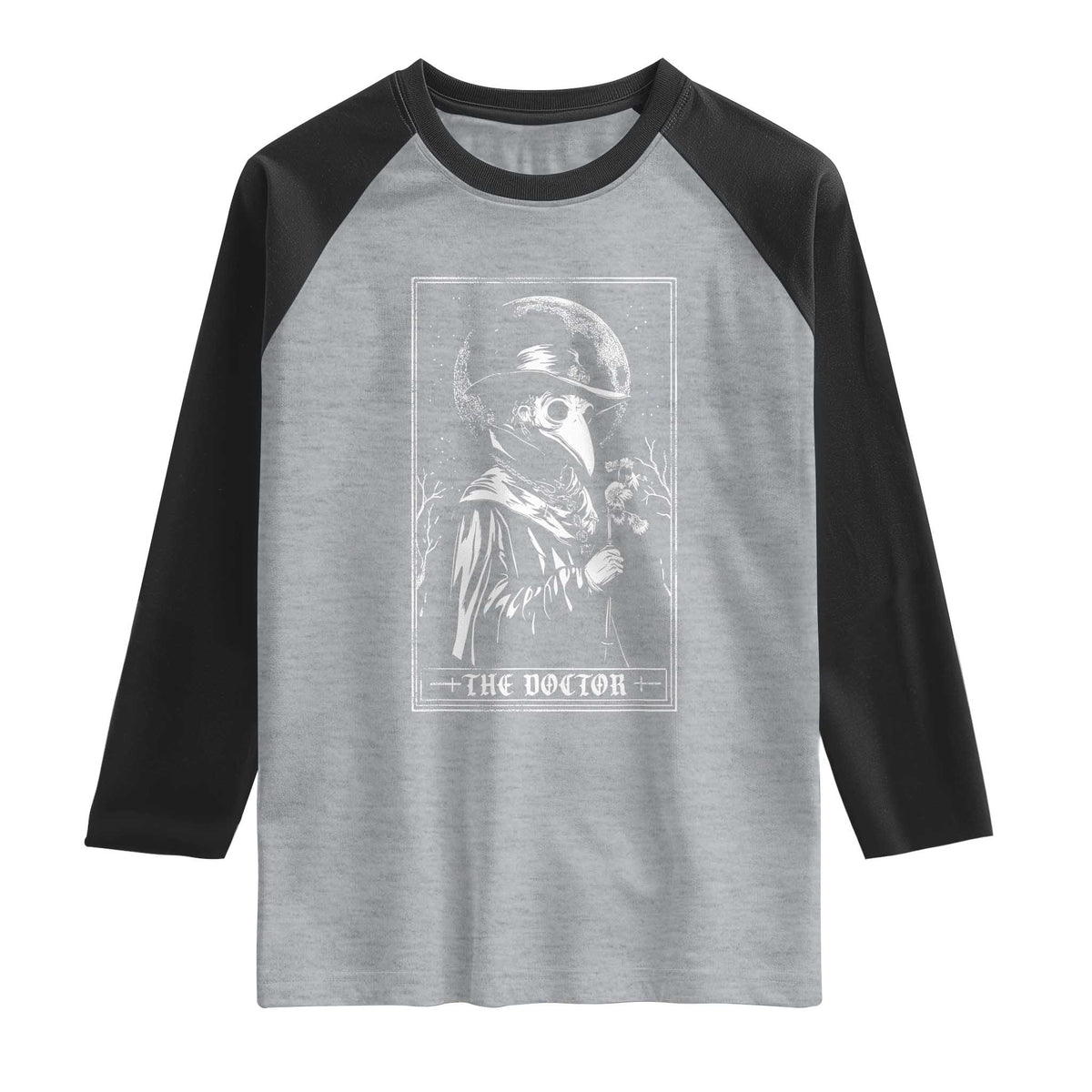 Plague Doctor Tarot Card Raglan Shirt Horror Death Occult Satanic TS11 Heather Gray Black Print Your Wear