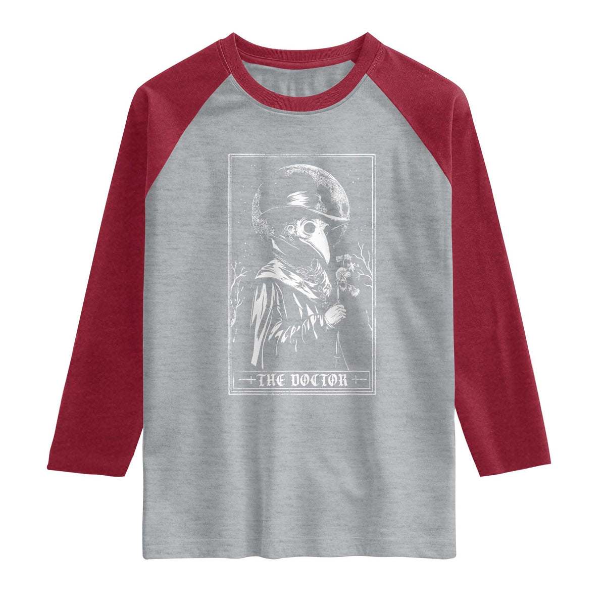 Plague Doctor Tarot Card Raglan Shirt Horror Death Occult Satanic TS11 Heather Gray Heather Red Print Your Wear
