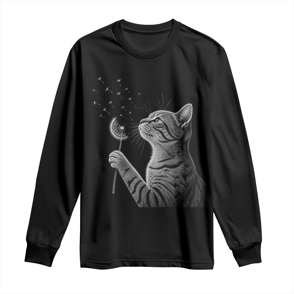 Cat Blowing Dandelion Long Sleeve Shirt Kitten Making A Wish Nature Art TS11 Black Print Your Wear