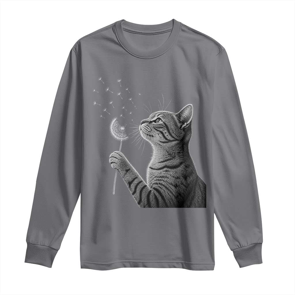 Cat Blowing Dandelion Long Sleeve Shirt Kitten Making A Wish Nature Art TS11 Charcoal Print Your Wear