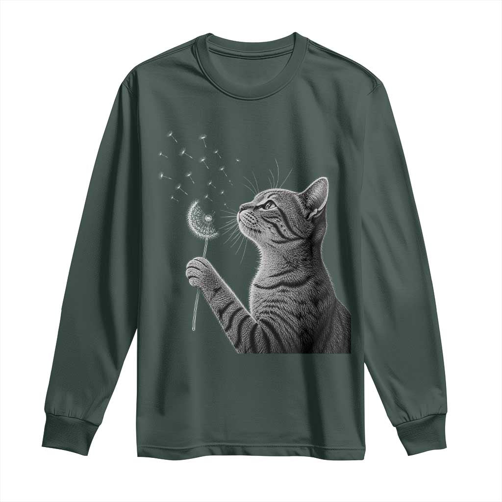Cat Blowing Dandelion Long Sleeve Shirt Kitten Making A Wish Nature Art TS11 Dark Forest Green Print Your Wear