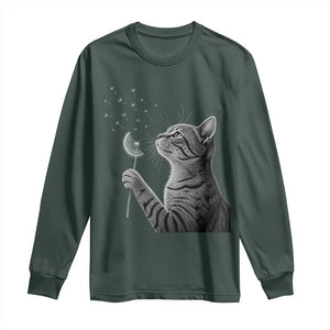 Cat Blowing Dandelion Long Sleeve Shirt Kitten Making A Wish Nature Art TS11 Dark Forest Green Print Your Wear
