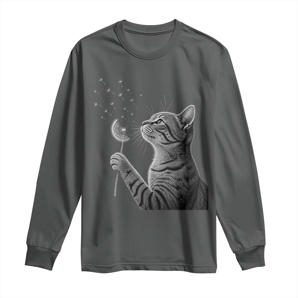 Cat Blowing Dandelion Long Sleeve Shirt Kitten Making A Wish Nature Art TS11 Dark Heather Print Your Wear